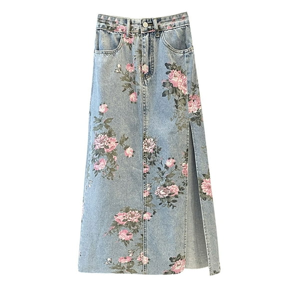 Mohiass Women Floral Print Long Denim Jean Skirt Printed Midi A Line Skirt Side Slit Denim Jean Flare Skirt Blue S