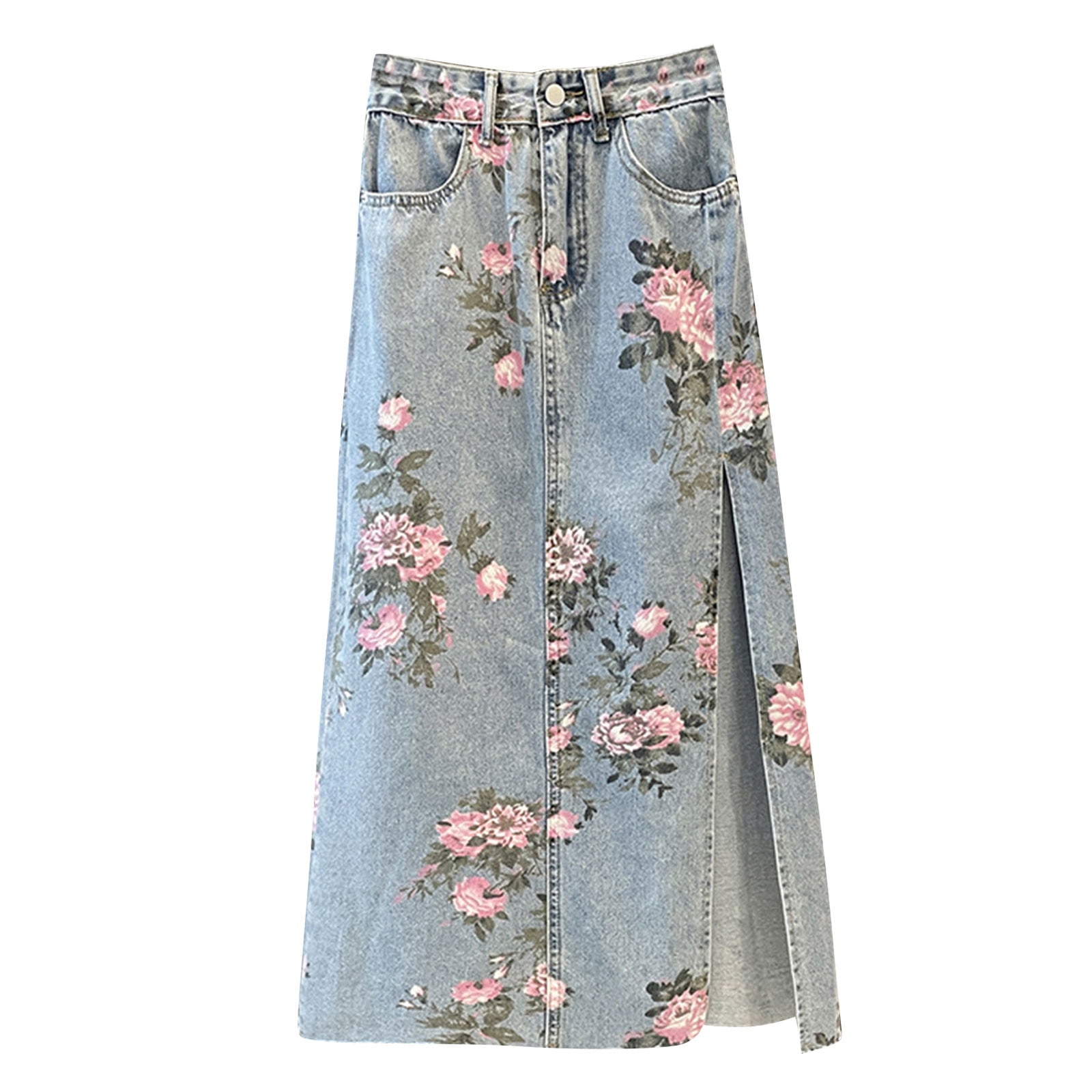 Mohiass Women Floral Print Long Denim Jean Skirt Printed Midi A