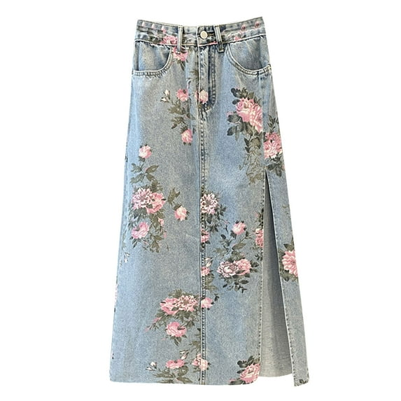 Mohiass Women Floral Print Long Denim Jean Skirt Printed Midi A Line Skirt Side Slit Denim Jean Flare Skirt Blue XL