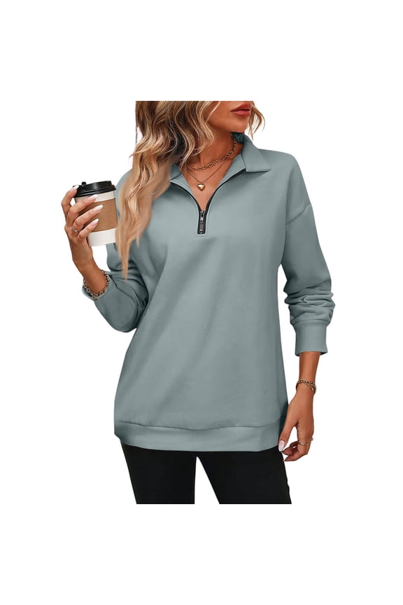 Women Half Zip Oversized Sweatshirts Long Sleeve Solid Color Drop Shoulder Fleece Workout Pullover Green M