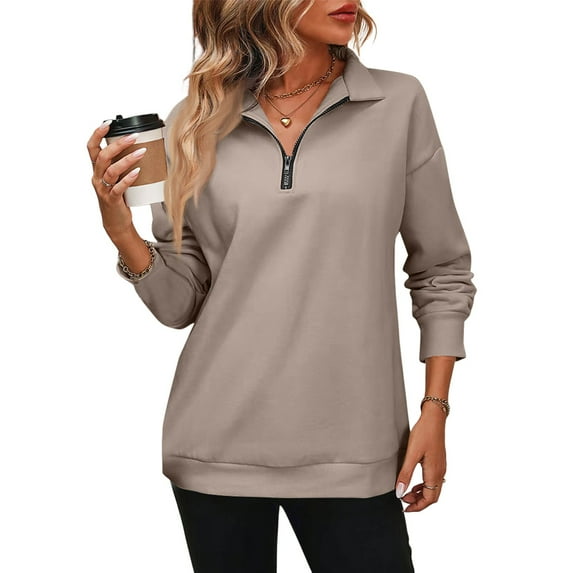 Mohiass Women Half Zip Oversized Sweatshirts Long Sleeve Solid Color Drop Shoulder Fleece Workout Pullover Light Brown XL