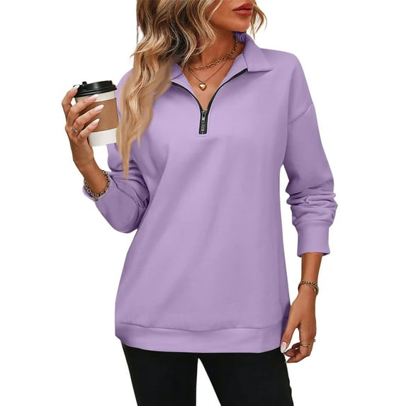 Mohiass Women Half Zip Oversized Sweatshirts Long Sleeve Solid Color Drop Shoulder Fleece Workout Pullover Purple S