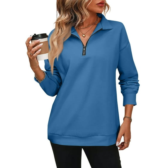 Mohiass Women Half Zip Oversized Sweatshirts Long Sleeve Solid Color Drop Shoulder Fleece Workout Pullover Royal Blue L
