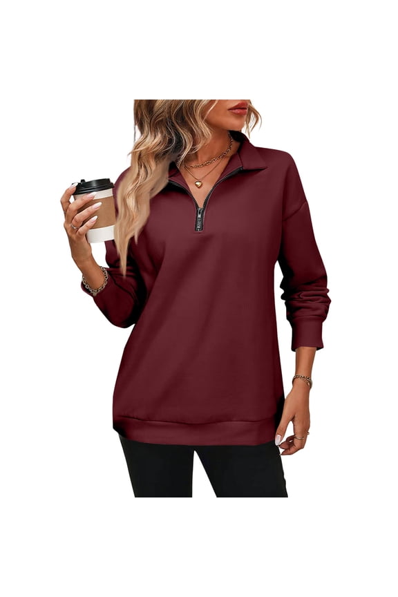 Women Half Zip Oversized Sweatshirts Long Sleeve Solid Color Drop Shoulder Fleece Workout Pullover Wine XL