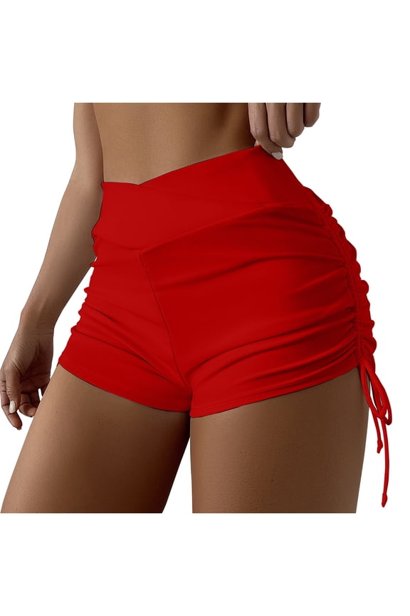 Women High Waisted Swim Shorts V Cut Bikini Swimsuit Bottoms Drawstring Ruched Bathing Suit Board Shorts Red L