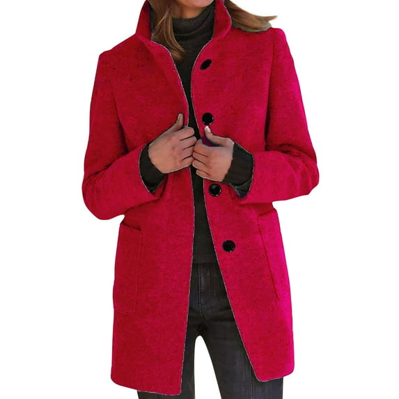 Mohiass Women Long Coat Wool Blend Stand Collar Pea Coats Thicken Winter Trench Overcoat Casual Single Breasted Blazer Jacket with Pockets Red 3XL