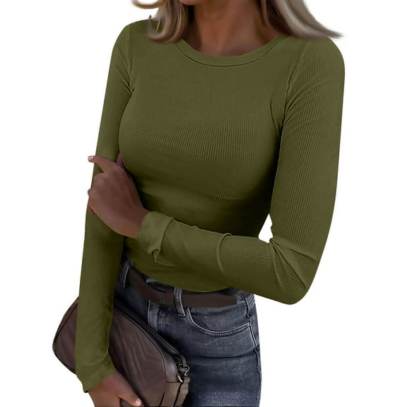 Mohiass Women Long Sleeve Shirts Rib Knit Slim Fit Tops Basic Tee 2025 Fall Outfits Casual T-Shirt Underscrubs Layer Clothes Army Green L