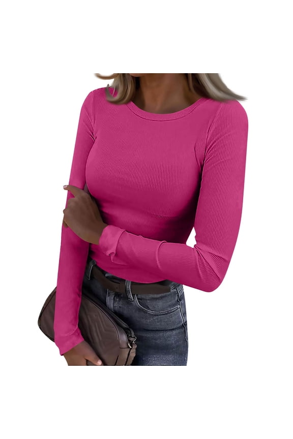 Women Long Sleeve Shirts Rib Knit Slim Fit Tops Basic Tee 2025 Fall Outfits Casual T-Shirt Underscrubs Layer Clothes Hot Pink L