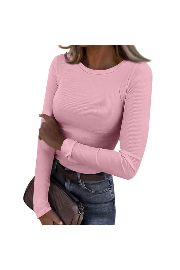Women Long Sleeve Shirts Rib Knit Slim Fit Tops Basic Tee 2025 Fall Outfits Casual T-Shirt Underscrubs Layer Clothes Pink S