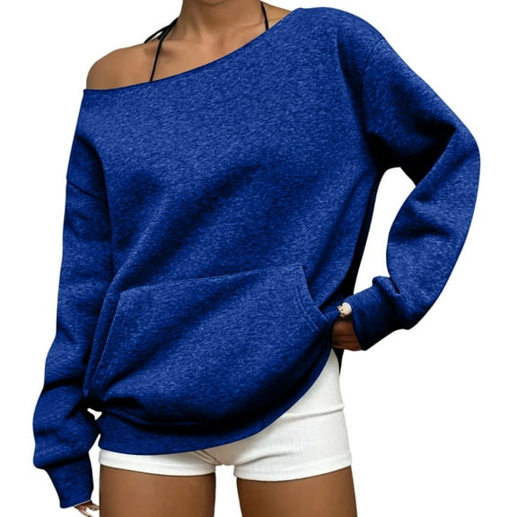 Mohiass Women Off the Shoulder Sweatshirt Oversized Plain Fleece Pullover Tops with Pocket Cute Y2k One Shoulder Shirts Blue 2XL
