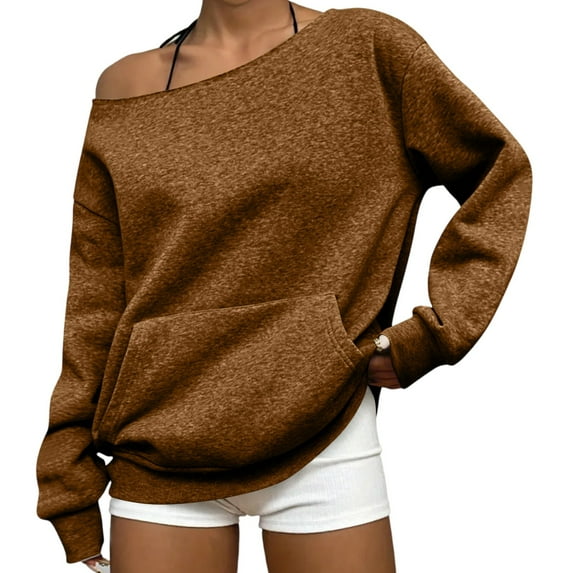 Mohiass Women Off the Shoulder Sweatshirt Oversized Plain Fleece Pullover Tops with Pocket Cute Y2k One Shoulder Shirts Brown L
