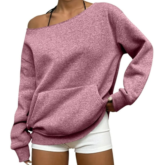 Mohiass Women Off the Shoulder Sweatshirt Oversized Plain Fleece Pullover Tops with Pocket Cute Y2k One Shoulder Shirts Pink M