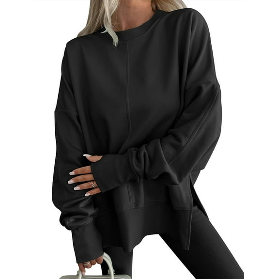 Mohiass Women Oversized Sweatshirts Thumbhole Long Sleeve Hoodies Shirts 2025 Fall Side Slit Pullover Top Teen Y2k Outfits Black L