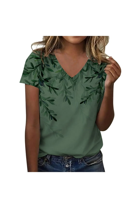 Women Petite Tops Women Blouses Casual Summer Floral Print Tunic Tops Dressy Casual Spring 2023 Graphic Tees Blouses Dark Green XL