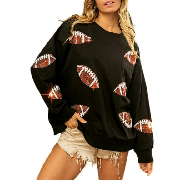 Mohiass Women Sequin Football Sweatshirt Oversized Game Day Sweatshirt Rugby Fall Graphic Crewneck Pullover Tops Black S