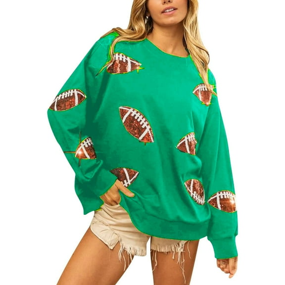 Mohiass Women Sequin Football Sweatshirt Oversized Game Day Sweatshirt Rugby Fall Graphic Crewneck Pullover Tops Dark Green M