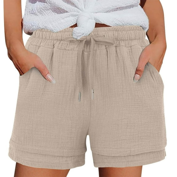 Mohiass Women Shorts for Seniors Summer Casual High Waisted Drawstring Wide Leg Womens Gauze Short Shorts Khaki L
