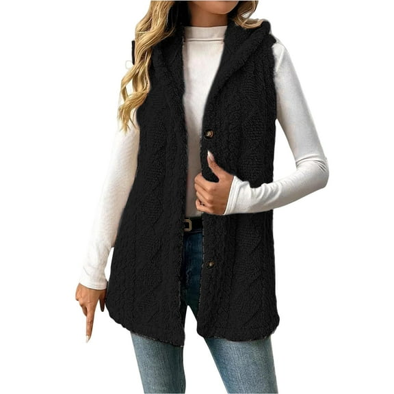 Mohiass Women Sleeveless Sherpa Outerwear Vests Long Button Down Fleece Lined Hooded Jackets Soft Comfy Fuzzy Sweater Vests Black 2XL
