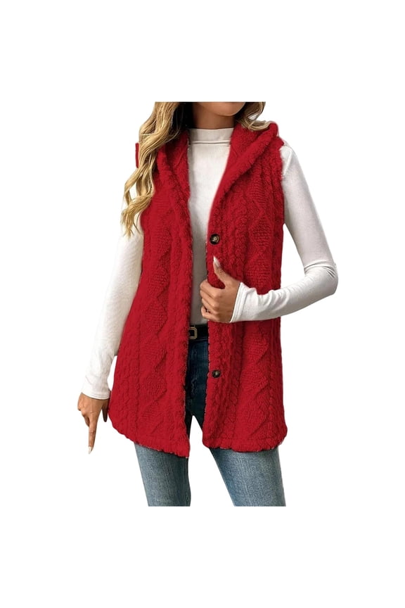 Women Sleeveless Sherpa Outerwear Vests Long Button Down Fleece Lined Hooded Jackets Soft Comfy Fuzzy Sweater Vests Red 2XL