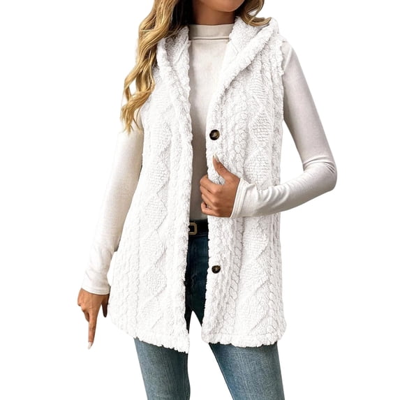 Mohiass Women Sleeveless Sherpa Outerwear Vests Long Button Down Fleece Lined Hooded Jackets Soft Comfy Fuzzy Sweater Vests White 2XL