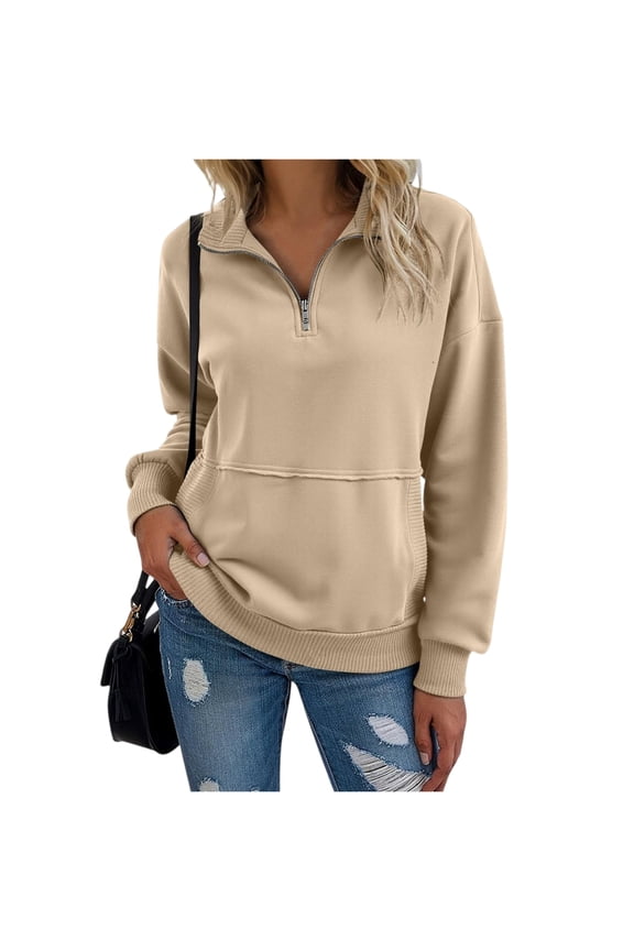 Women Sweatshirt Casual Long Sleeve Half Zip Pullover Lightweight Casual Loose Fashion Sweatshirts Khaki XL