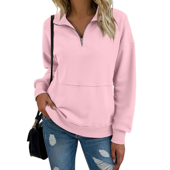 Mohiass Women Sweatshirt Casual Long Sleeve Half Zip Pullover Lightweight Casual Loose Fashion Sweatshirts Pink L
