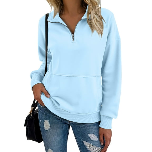 Mohiass Women Sweatshirt Casual Long Sleeve Half Zip Pullover Lightweight Casual Loose Fashion Sweatshirts Sky Blue XL
