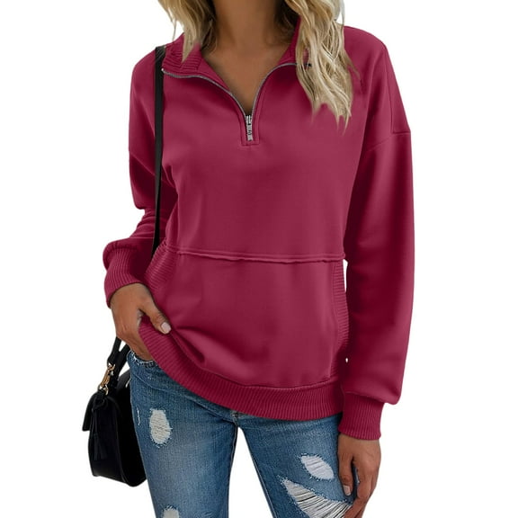Mohiass Women Sweatshirt Casual Long Sleeve Half Zip Pullover Lightweight Casual Loose Fashion Sweatshirts Wine XL