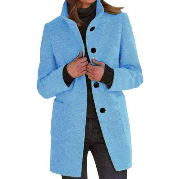 Mohiass Women Trench Coat Stand Collar Wool Blend Long Coats Casual Winter Pea Overcoat Thicken Single Breasted Blazer Jacket with Pockets Light Blue L