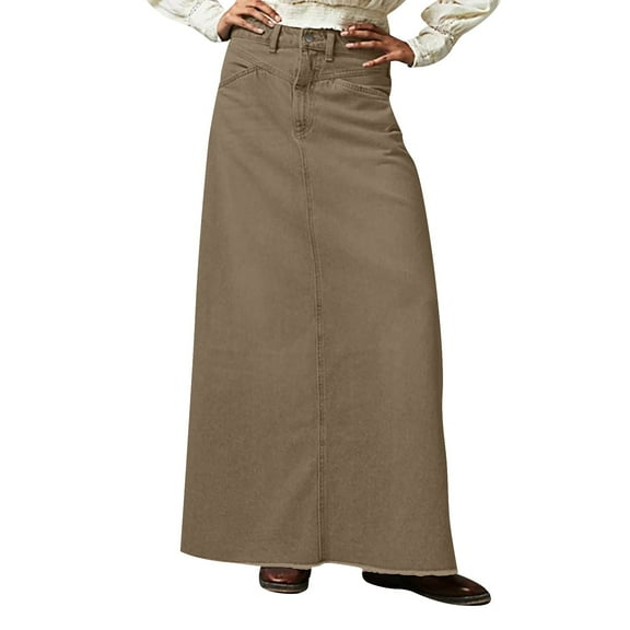 Mohiass Women Trendy Denim Maxi Skirt High Waist A-Line Frayed Hem Loose Long Jean Skirt Army Green L