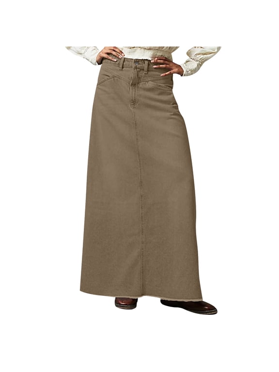 Women Trendy Denim Maxi Skirt High Waist A-Line Frayed Hem Loose Long Jean Skirt Army Green M
