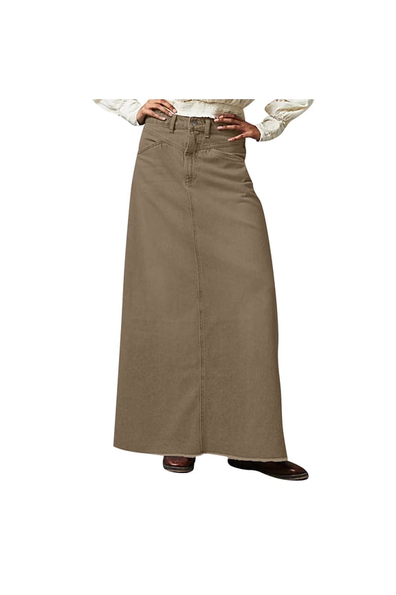 Women Trendy Denim Maxi Skirt High Waist A-Line Frayed Hem Loose Long Jean Skirt Army Green M