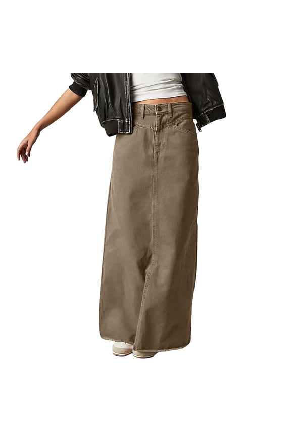 Women Trendy Denim Maxi Skirt High Waist A-Line Frayed Hem Loose Long Jean Skirt Army Green M
