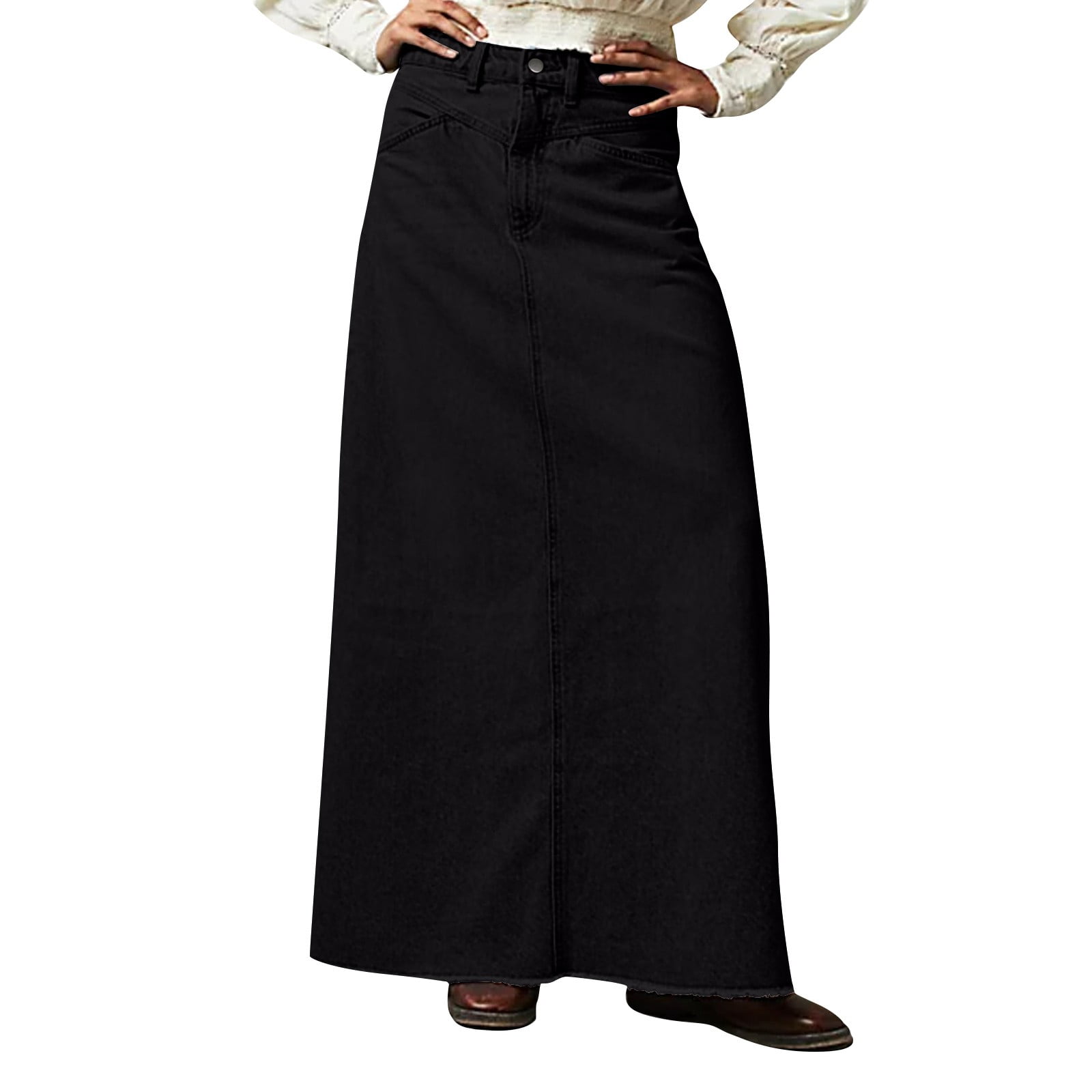 【BLR】Denim Wide Long Skirt BLACK JNGSA Long Denim Skirts for Women Maxi High Waist A-Line