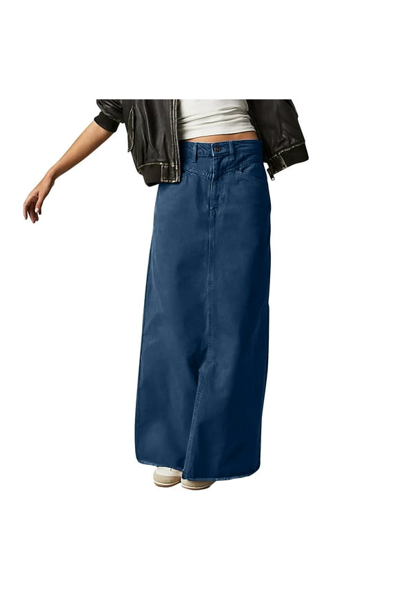 Women Trendy Denim Maxi Skirt High Waist A-Line Frayed Hem Loose Long Jean Skirt Dark Blue L