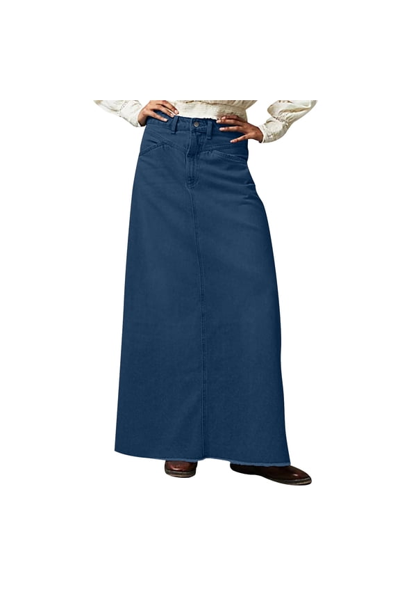 Women Trendy Denim Maxi Skirt High Waist A-Line Frayed Hem Loose Long Jean Skirt Dark Blue L