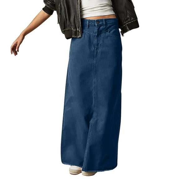 Mohiass Women Trendy Denim Maxi Skirt High Waist A-Line Frayed Hem Loose Long Jean Skirt Dark Blue M