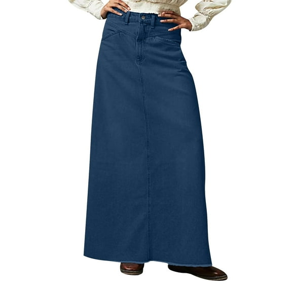 Mohiass Women Trendy Denim Maxi Skirt High Waist A-Line Frayed Hem Loose Long Jean Skirt Dark Blue XL