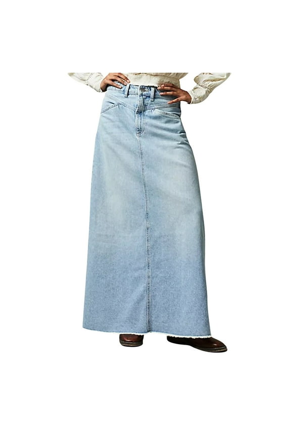 Women Trendy Denim Maxi Skirt High Waist A-Line Frayed Hem Loose Long Jean Skirt Light Blue L