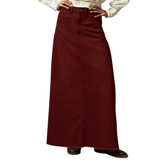 Mohiass Women Trendy Denim Maxi Skirt High Waist A-Line Frayed Hem Loose Long Jean Skirt Wine XL