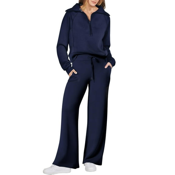 Mohiass Women's 2 Piece Lounge Sets Long Sleeve Half Zip Sweatshirts Wide Leg Drawstring Elastic Waist Pants Casual Tracksuit Dark Blue L