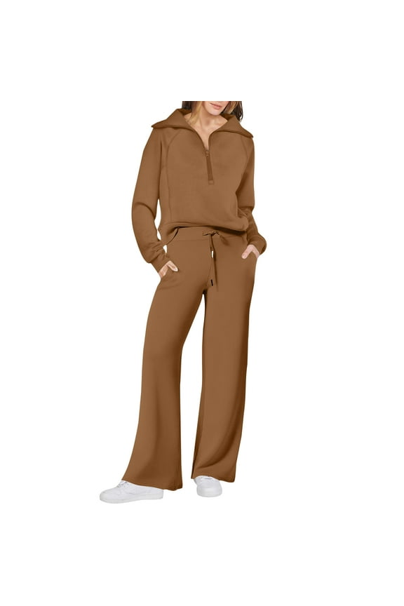 Women's 2 Piece Lounge Sets Long Sleeve Half Zip Sweatshirts Wide Leg Drawstring Elastic Waist Pants Casual Tracksuit Earthy Yellow L