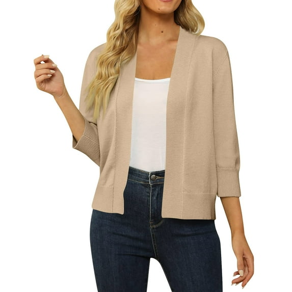 Mohiass Women's 3/4 Sleeve Cropped Cardigan Sweater Open Front Short Shrugs Cardigans Lightweight Sweaters Beige S