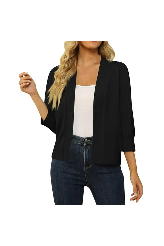 Women's 3/4 Sleeve Cropped Cardigan Sweater Open Front Short Shrugs Cardigans Lightweight Sweaters Black XL
