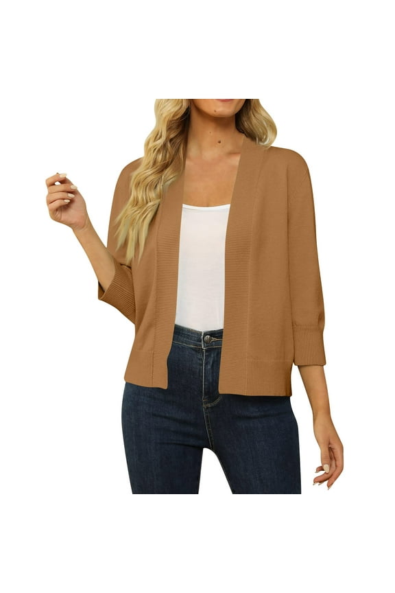 Women's 3/4 Sleeve Cropped Cardigan Sweater Open Front Short Shrugs Cardigans Lightweight Sweaters Camel S