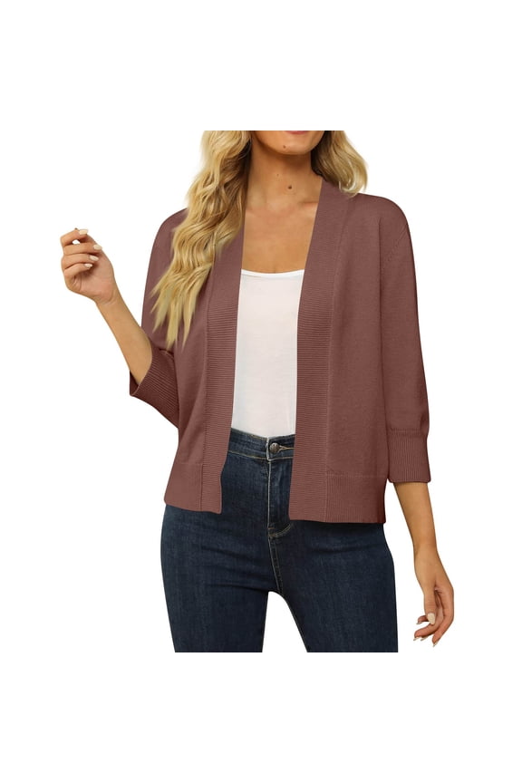 Women's 3/4 Sleeve Cropped Cardigan Sweater Open Front Short Shrugs Cardigans Lightweight Sweaters Coffee L