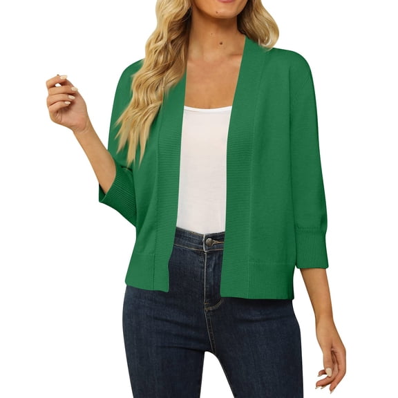 Mohiass Women's 3/4 Sleeve Cropped Cardigan Sweater Open Front Short Shrugs Cardigans Lightweight Sweaters Dark Green L