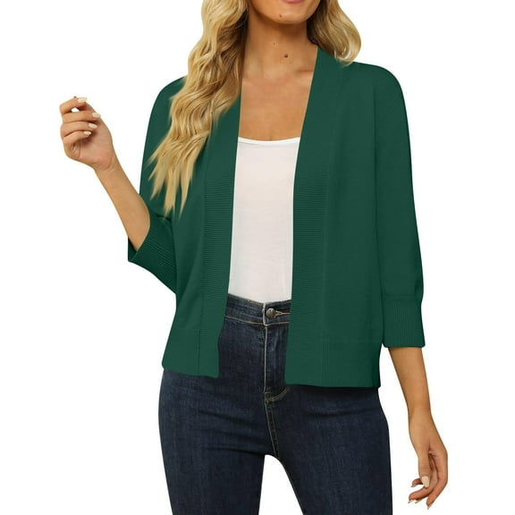 Mohiass Women's 3/4 Sleeve Cropped Cardigan Sweater Open Front Short Shrugs Cardigans Lightweight Sweaters Green M
