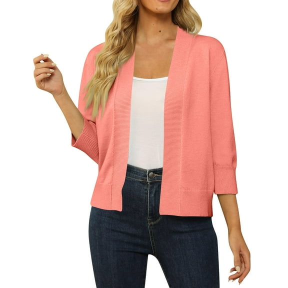 Mohiass Women's 3/4 Sleeve Cropped Cardigan Sweater Open Front Short Shrugs Cardigans Lightweight Sweaters Hot Pink L