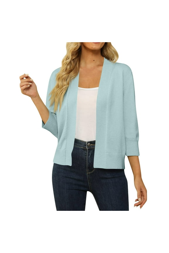Women's 3/4 Sleeve Cropped Cardigan Sweater Open Front Short Shrugs Cardigans Lightweight Sweaters Light Blue L